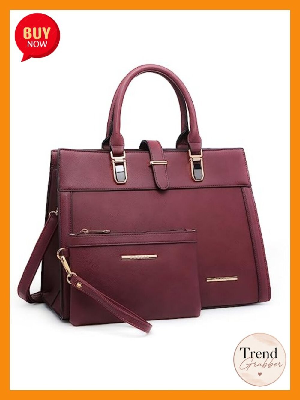 Vegan Leather Satchel Handbag with Matching Wristlet, Top Handle & Crossbody